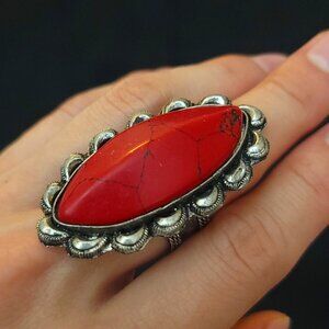 Vintage Red Stone Statement Silver Ring